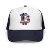 Trucker hat with Bitcoin USA logo featuring American flag design on a white background