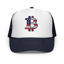 Trucker hat with Bitcoin USA logo featuring American flag design on a white background