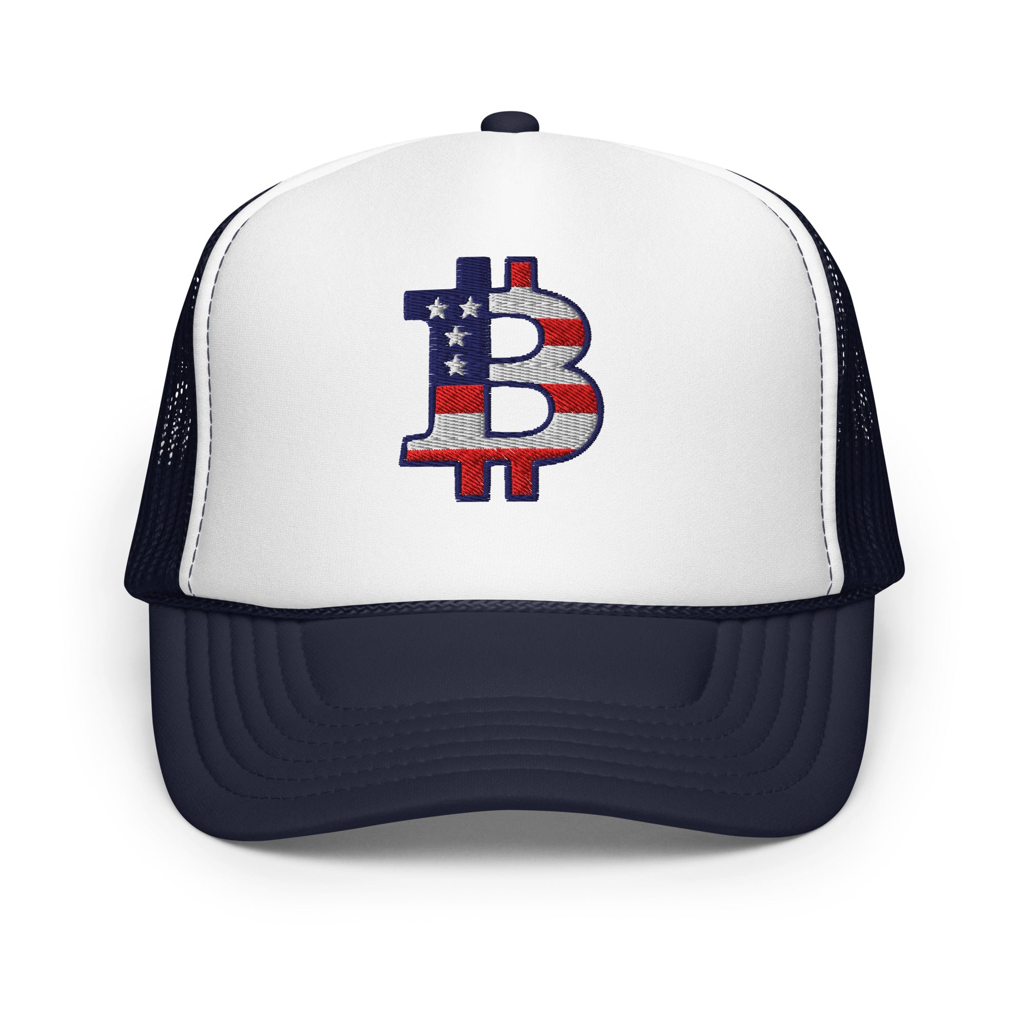 Trucker hat with Bitcoin USA logo featuring American flag design on a white background