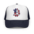 Trucker hat with Bitcoin USA logo featuring American flag design on a white background