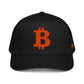 Black bitcoin cap with orange Bitcoin logo on a white background