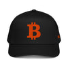 Black bitcoin cap with orange Bitcoin logo on a white background