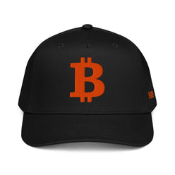 Black bitcoin cap with orange Bitcoin logo on a white background