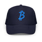 Navy blue cap with blue Bitcoin symbol on a white background