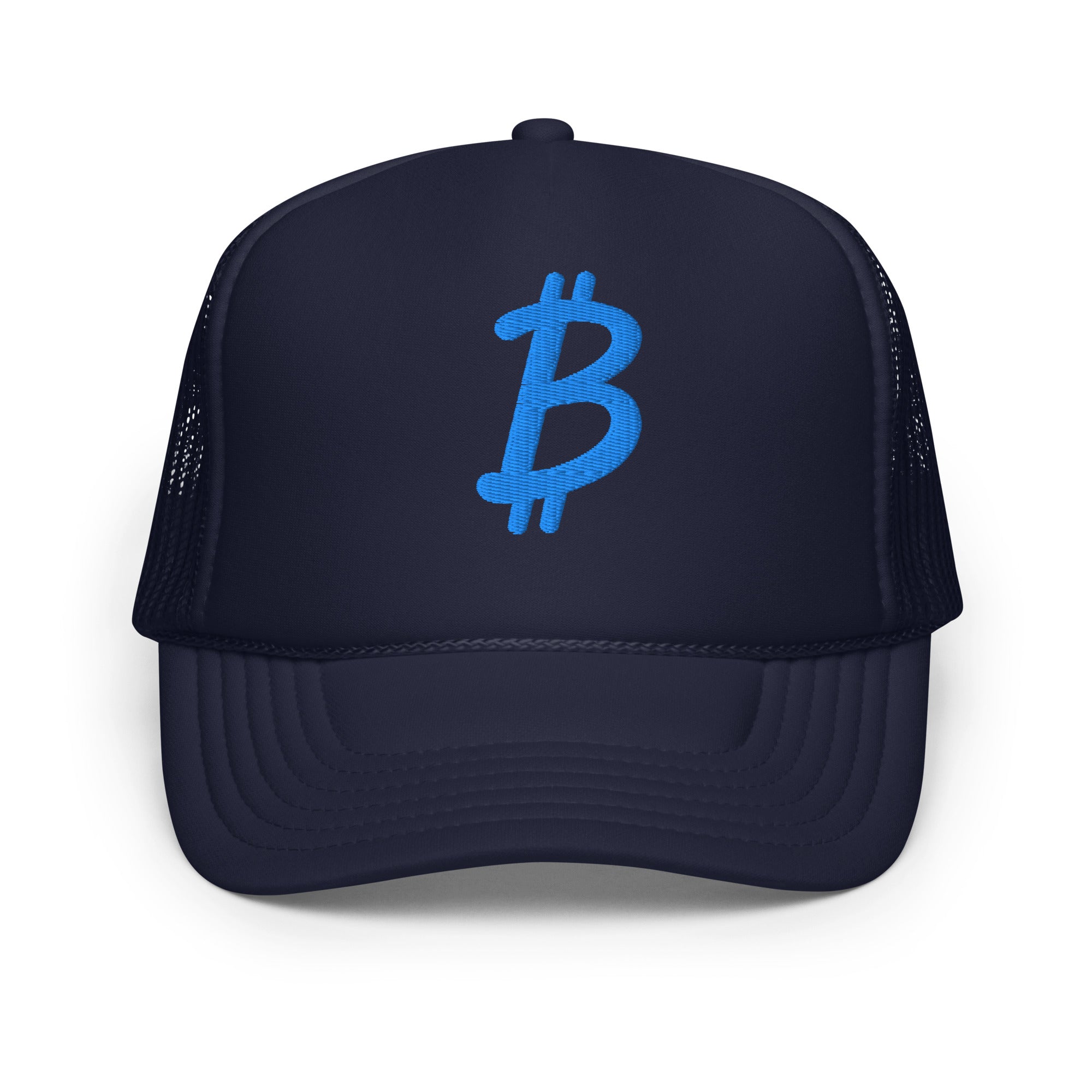 Navy blue cap with blue Bitcoin symbol on a white background