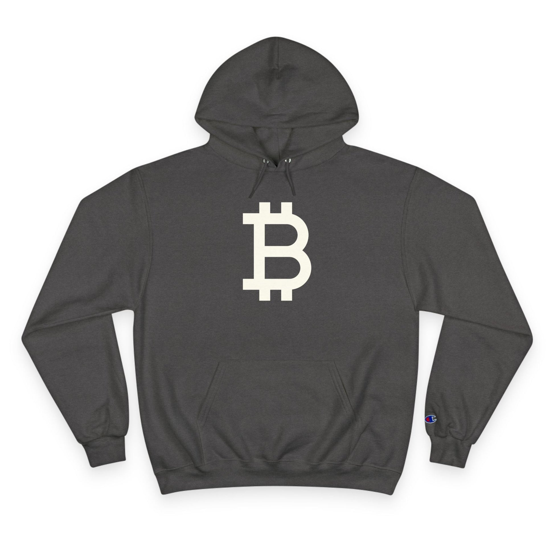 (Charcoal Heather) hoodie with Bitcoin symbol on a white background