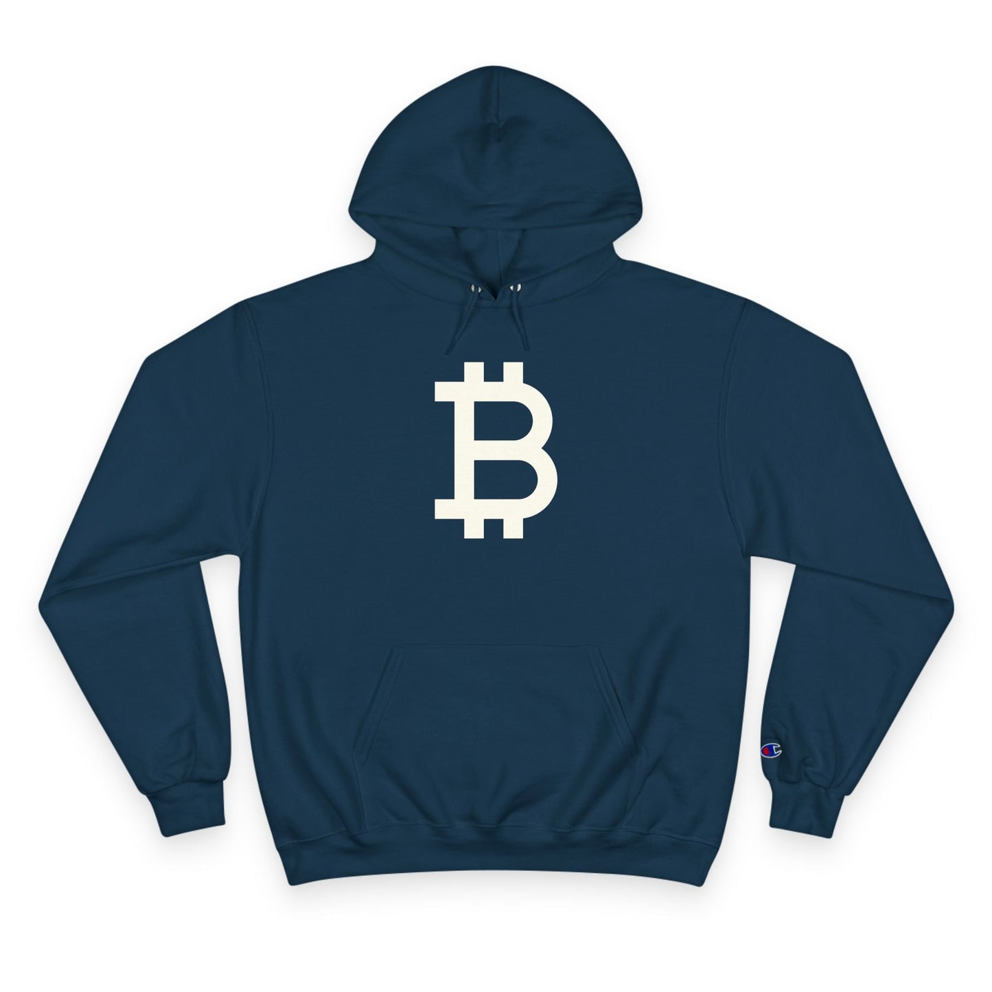 (Navy) blue hoodie with Bitcoin symbol on a white background