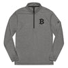 Gray long-sleeve adidas quarter zip pullover with black Bitcoin logo on a white background
