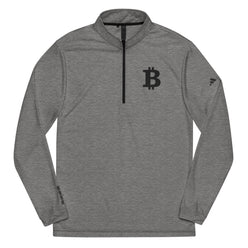 Gray long-sleeve adidas quarter zip pullover with black Bitcoin logo on a white background
