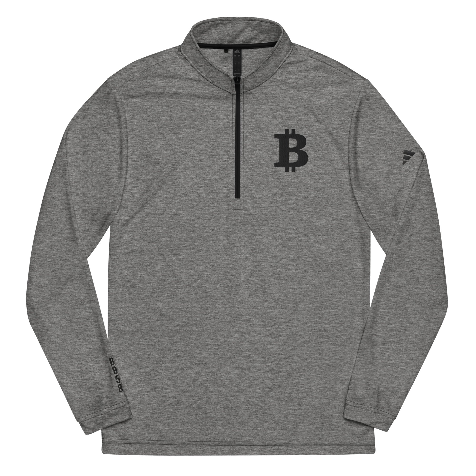 Gray long-sleeve adidas quarter zip pullover with black Bitcoin logo on a white background