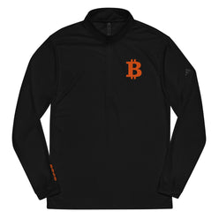 Black long-sleeve adidas quarter zip with orange Bitcoin logo on a white background - svrn society