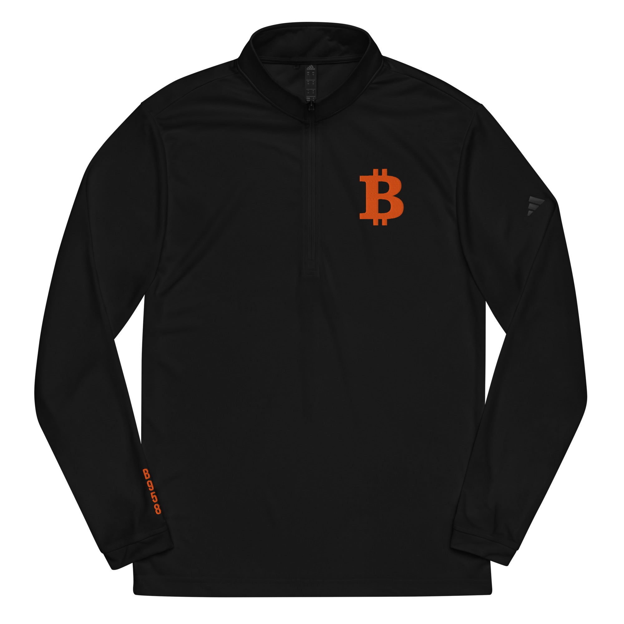 Black long-sleeve adidas quarter zip with orange Bitcoin logo on a white background - svrn society