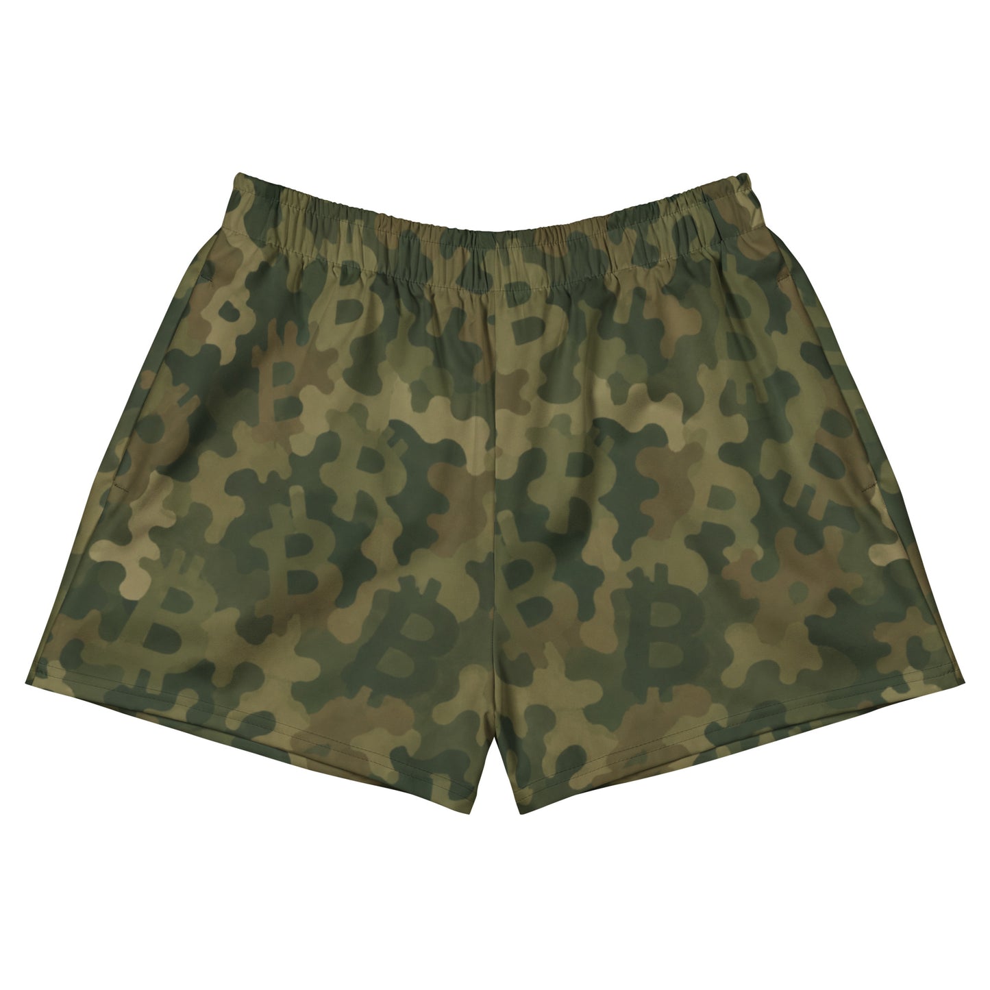 A pair of camouflage shorts featuring a green and brown camo pattern with large Bitcoin symbols integrated into the design, displayed flat against a solid white background.