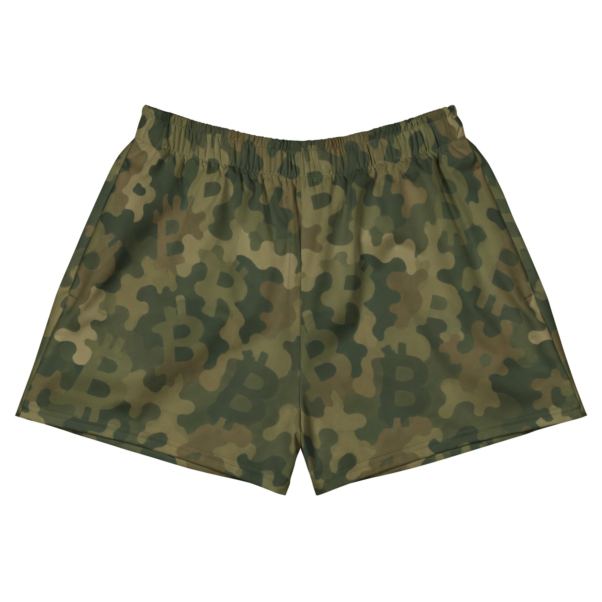 A pair of camouflage shorts featuring a green and brown camo pattern with large Bitcoin symbols integrated into the design, displayed flat against a solid white background.