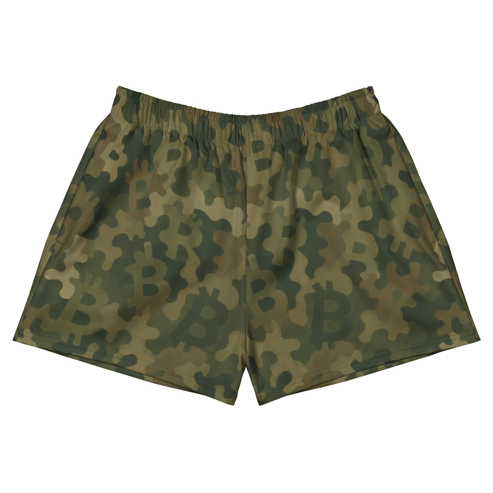 A pair of camouflage shorts featuring a green and brown camo pattern with large Bitcoin symbols integrated into the design, displayed flat against a solid white background.
