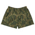 A pair of camouflage shorts featuring a green and brown camo pattern with large Bitcoin symbols integrated into the design, displayed flat against a solid white background.