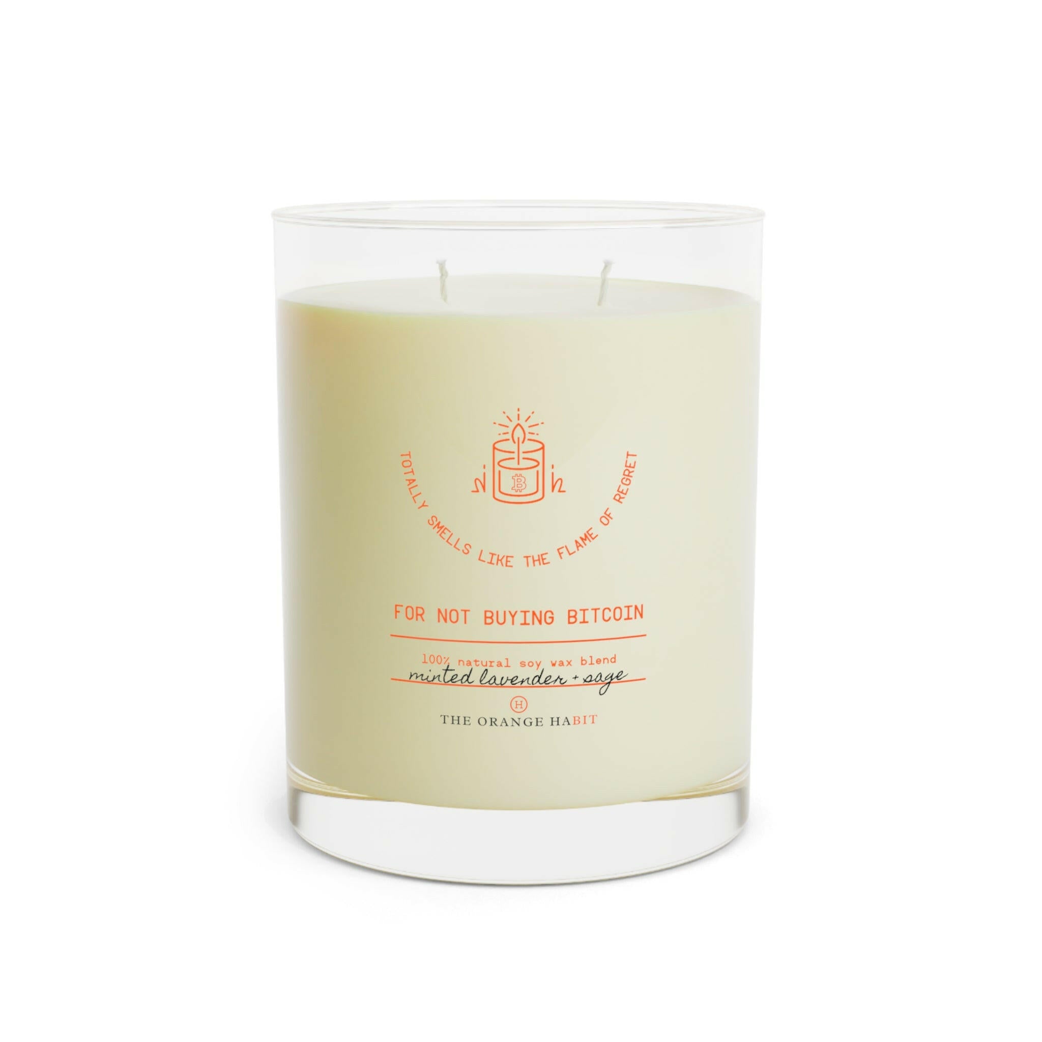 Bitcoin Candle - the FLAME OF REGRET shown in minted lavender sage - Orange Habit Home - The Orange Habit