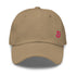 khaki dad hat with a pink Bitcoin B on it by Nikki Nakamoto at The Orange Habit