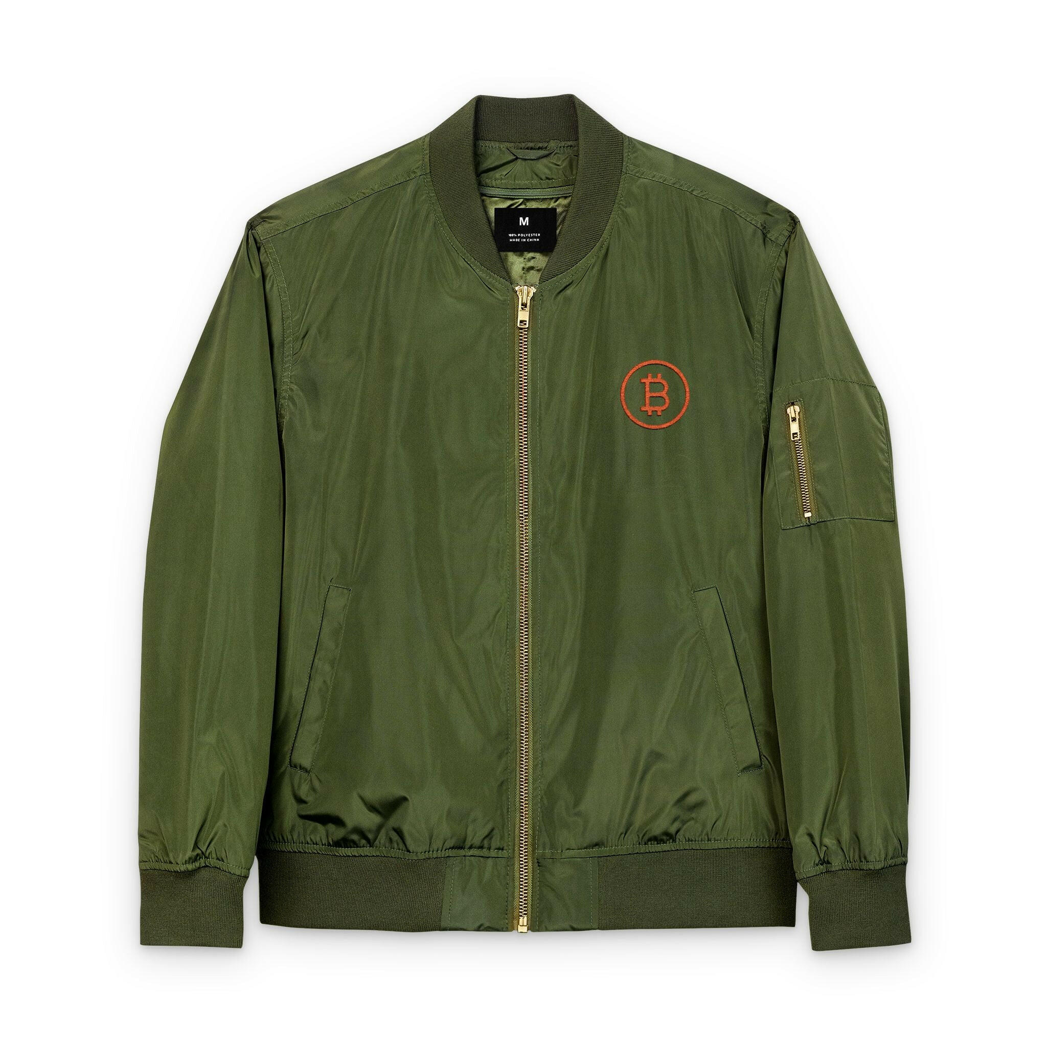 Green Unisex Bitcoin Bomber Jacket with Michael Saylor inspired circular Bitcoin B embroidered emblem by SVRN Society