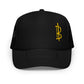 Black Bitcoin foam trucker cap with yellow Bitcoin symbol on a white background