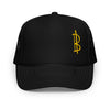 Black Bitcoin foam trucker cap with yellow Bitcoin symbol on a white background