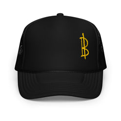 Black Bitcoin foam trucker cap with yellow Bitcoin symbol on a white background