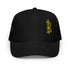 Black Bitcoin foam trucker cap with yellow Bitcoin symbol on a white background