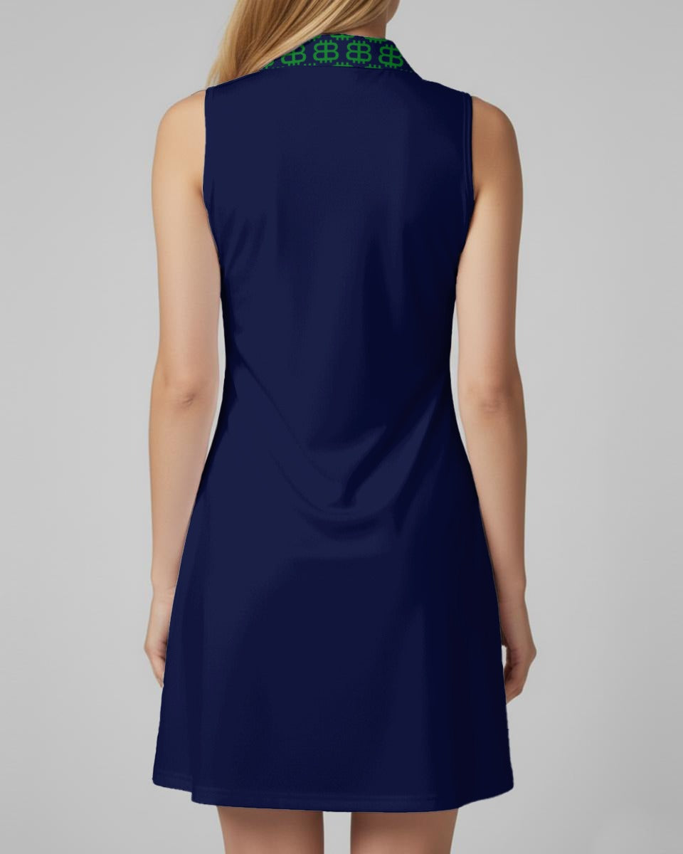 Navy blue sleeveless dress with green patterned neckline on a gray background