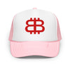 Bitcoin Paris foam trucker hat in pink with red logo