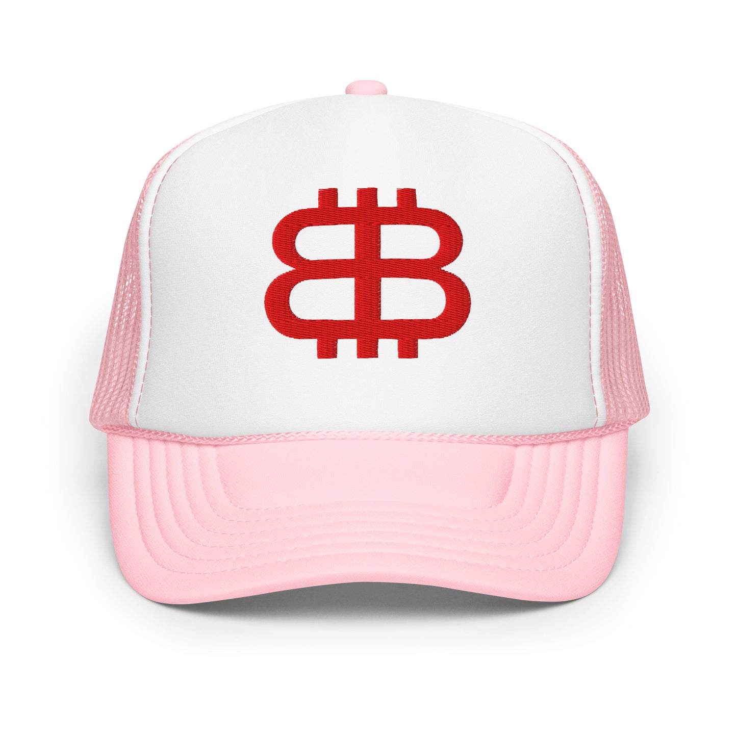 Bitcoin Paris foam trucker hat in pink with red logo