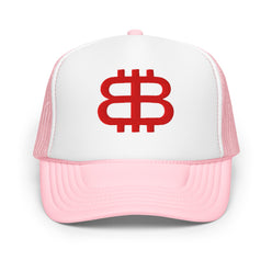 Bitcoin Paris foam trucker hat in pink with red logo