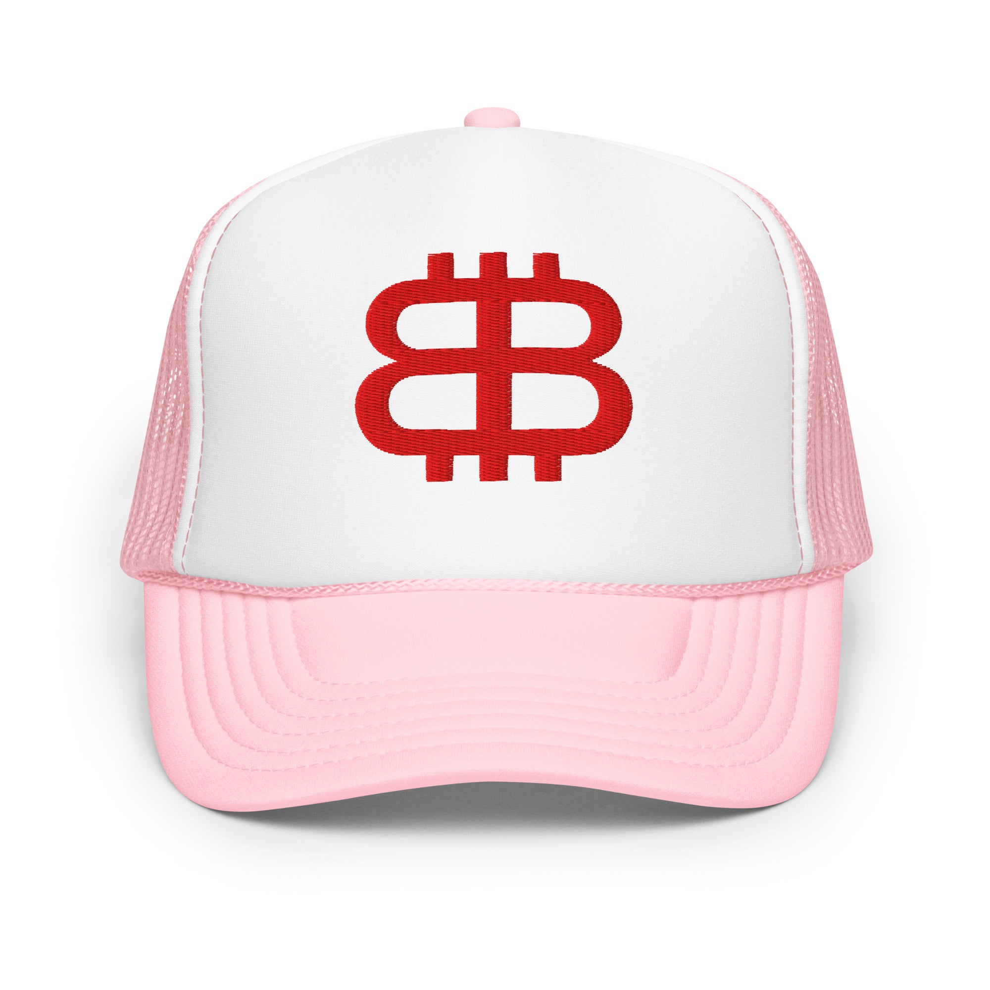 Bitcoin Paris foam trucker hat in pink with red logo