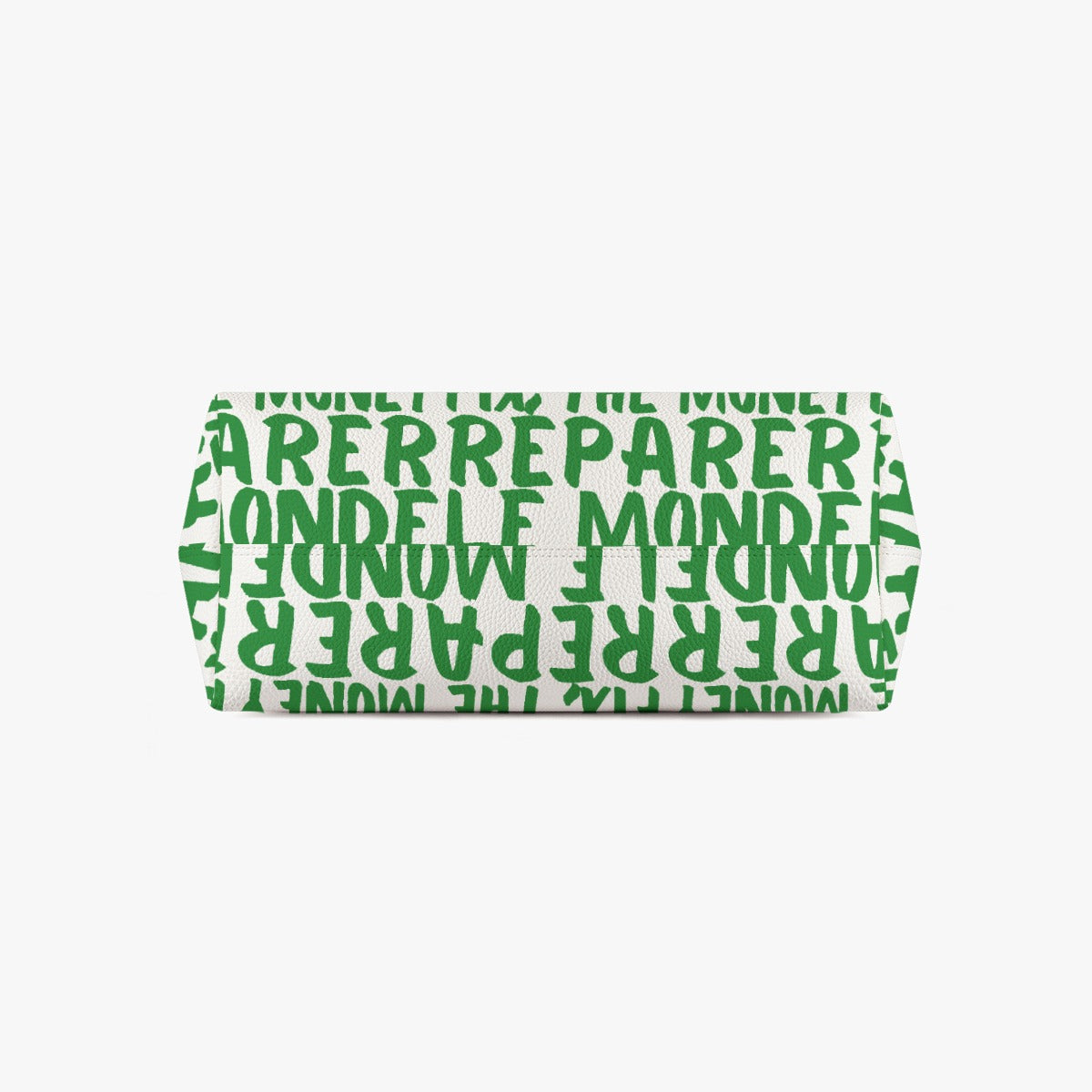 Bottom of Bitcoin Paris purse with green text pattern on a white background