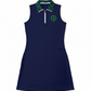 Navy Bitcoin dress sleeveless with green and white collar on a white background