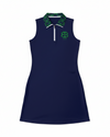Navy Bitcoin dress sleeveless with green and white collar on a white background