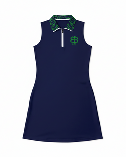 Navy Bitcoin dress sleeveless with green and white collar on a white background