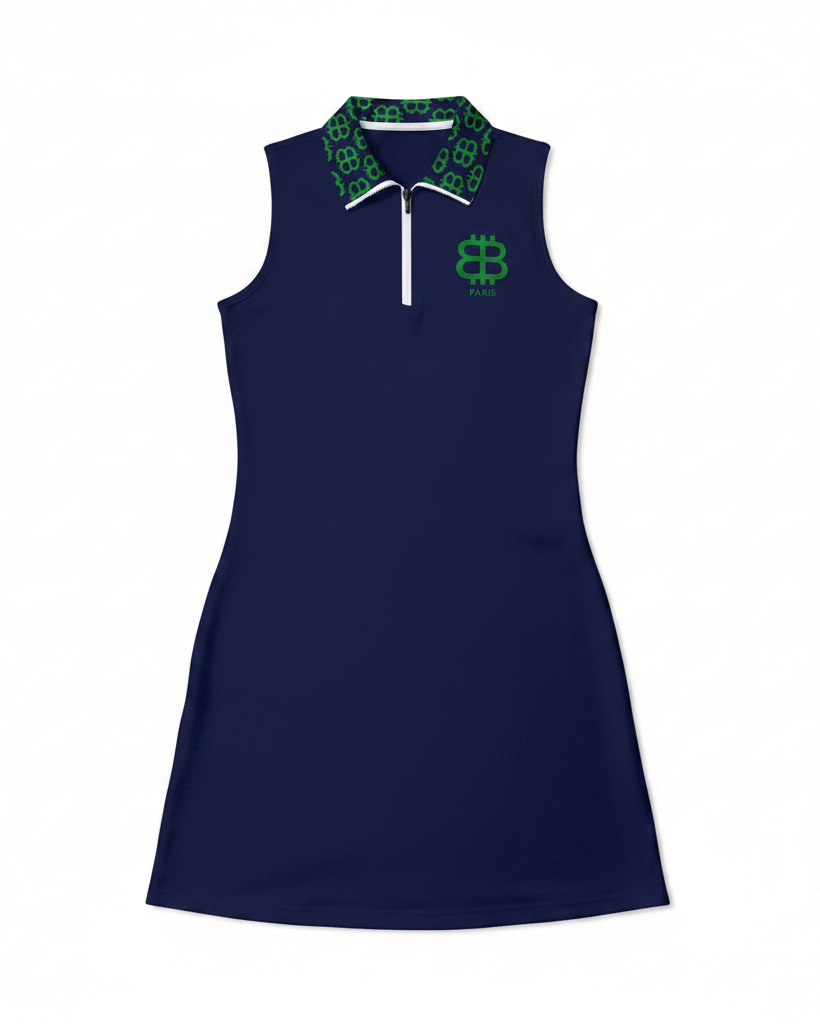 Navy Bitcoin dress sleeveless with green and white collar on a white background