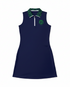 Navy Bitcoin dress sleeveless with green and white collar on a white background