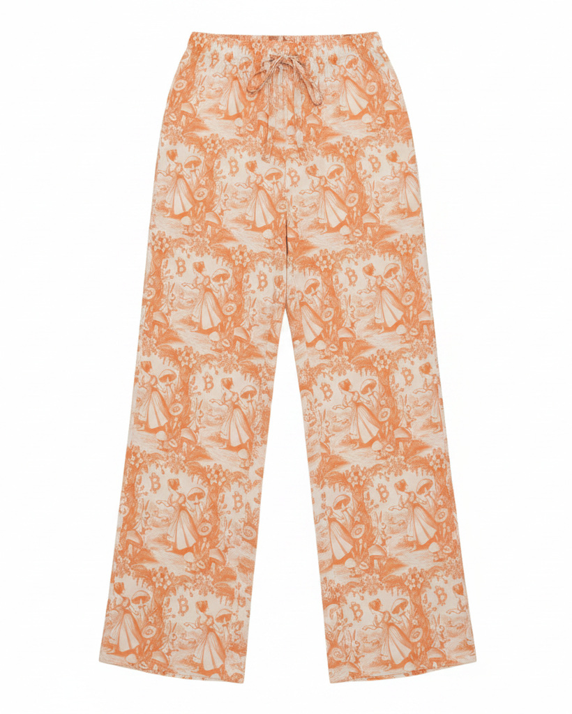 bitcoin rabbit hole women's bitcoin pants with a vintage-style pattern on a white background - SVRN Society