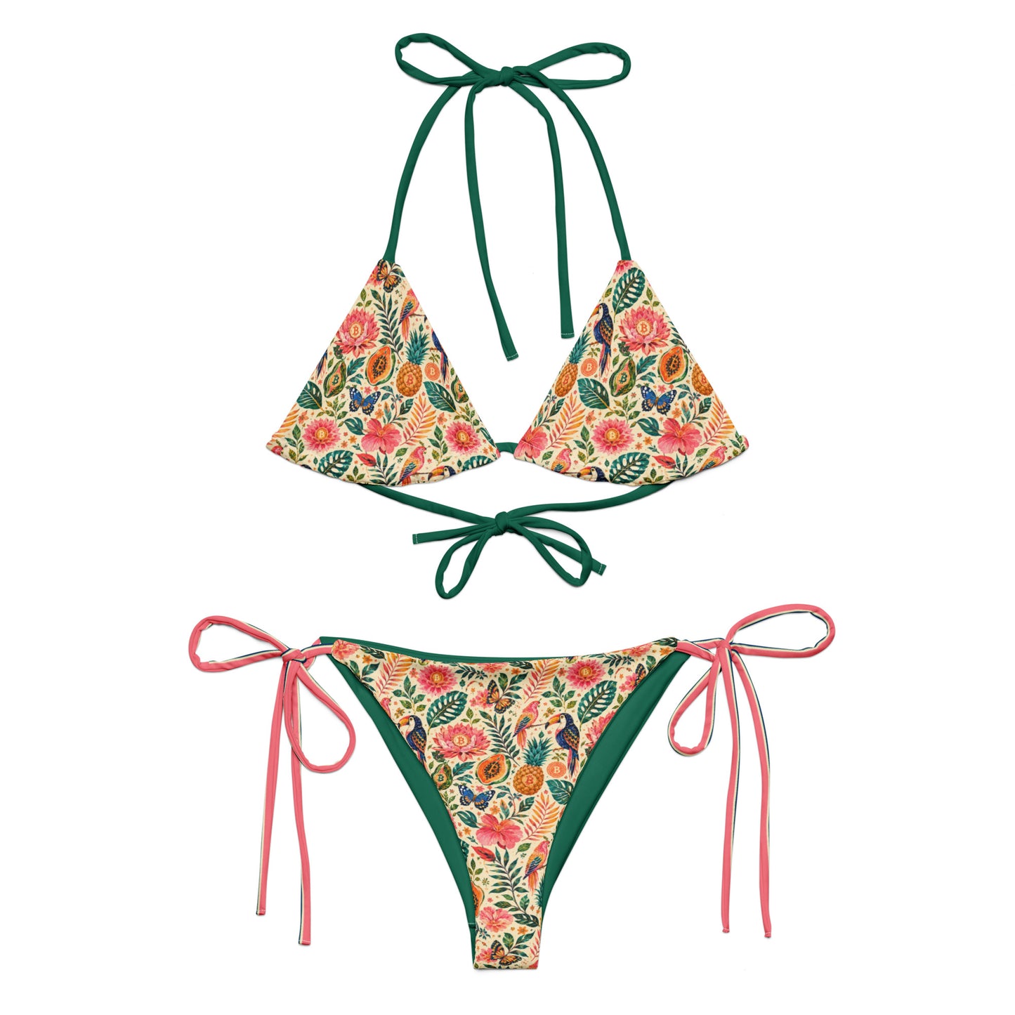 Bitcoin Rio two-piece bikini set with a colorful floral print on a cream background, featuring dark green tie straps on the top and bottom, and pink side-tie straps on the bottom.