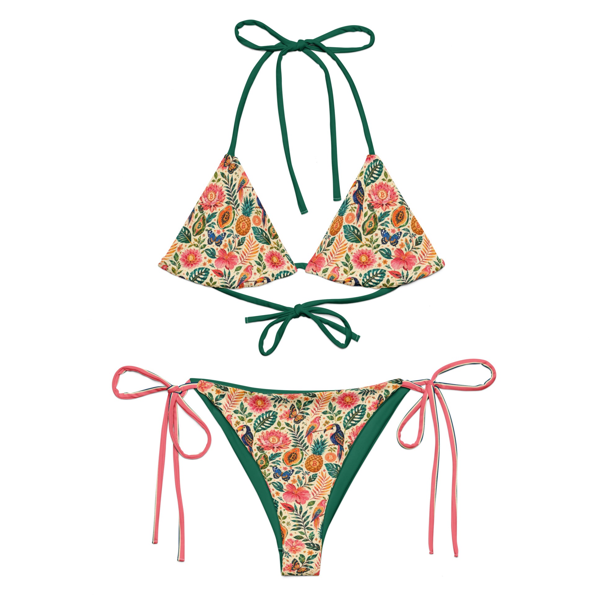 Bitcoin Rio two-piece bikini set with a colorful floral print on a cream background, featuring dark green tie straps on the top and bottom, and pink side-tie straps on the bottom.
