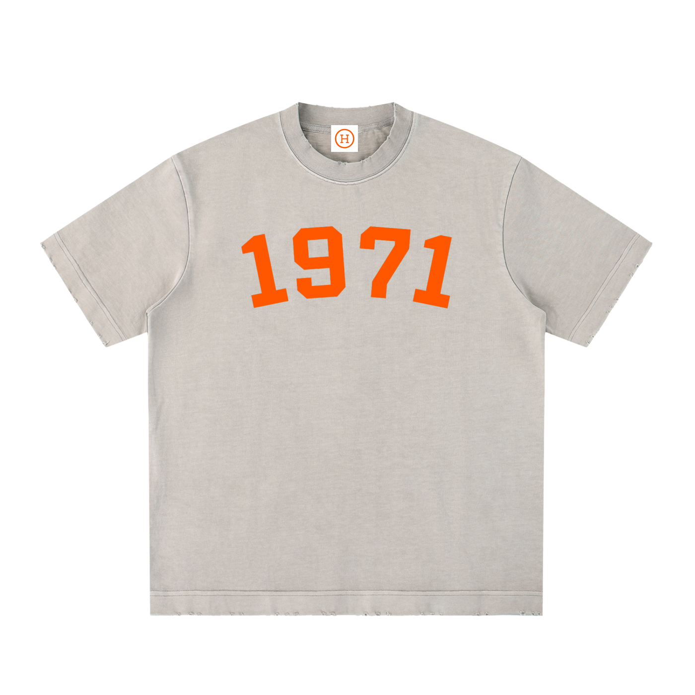Gray Bitcoin t-shirt with '1971' printed in orange on a white background