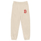Bitcoin sweatpants in cream with red bitcoin b embroidery.
