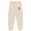 Bitcoin sweatpants in cream with red bitcoin b embroidery.