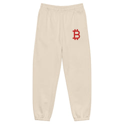 Bitcoin sweatpants in cream with red bitcoin b embroidery.