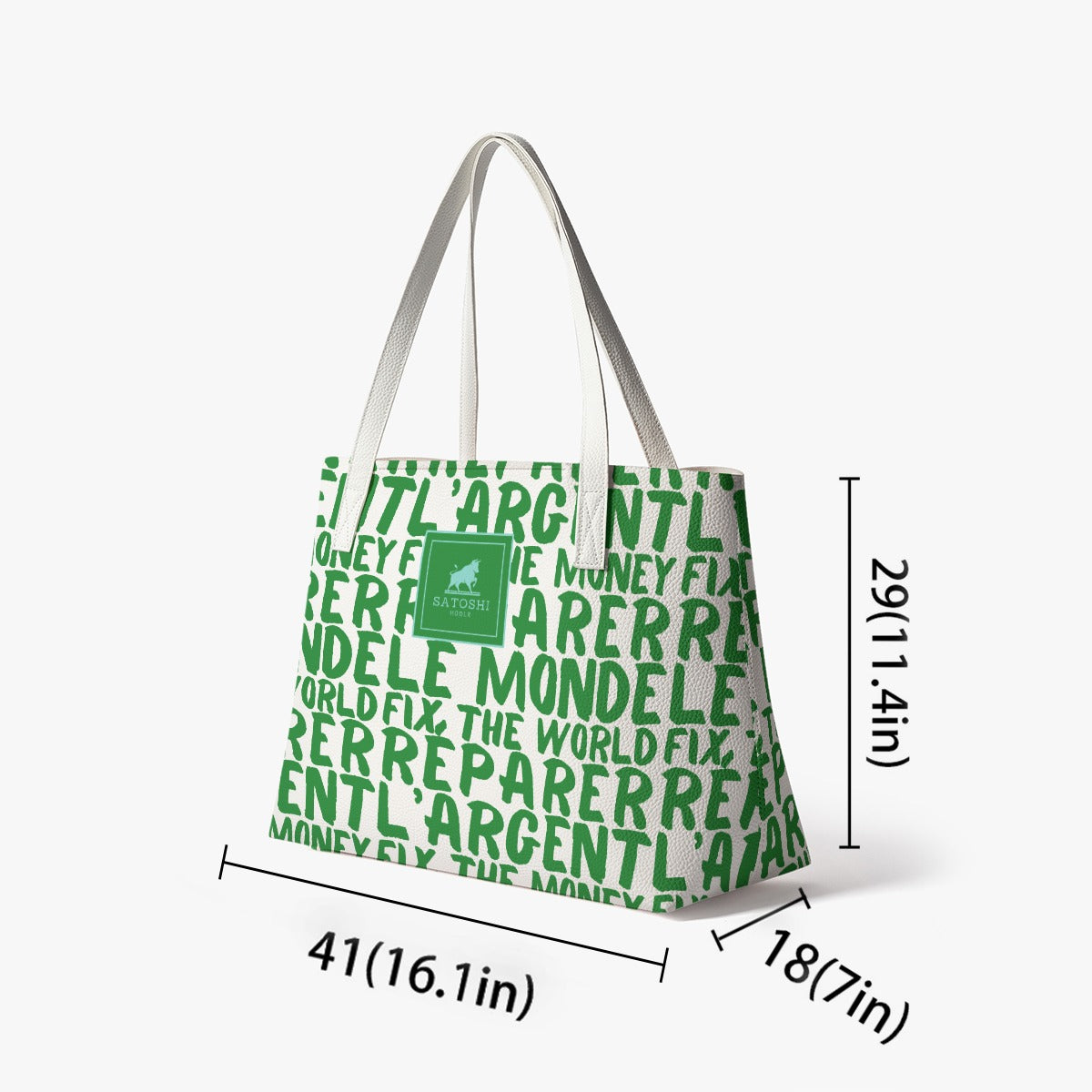 Green tote bag with text and measurements on a white background