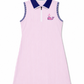 Pink and white striped dress with blue collar and whale logo on a white background