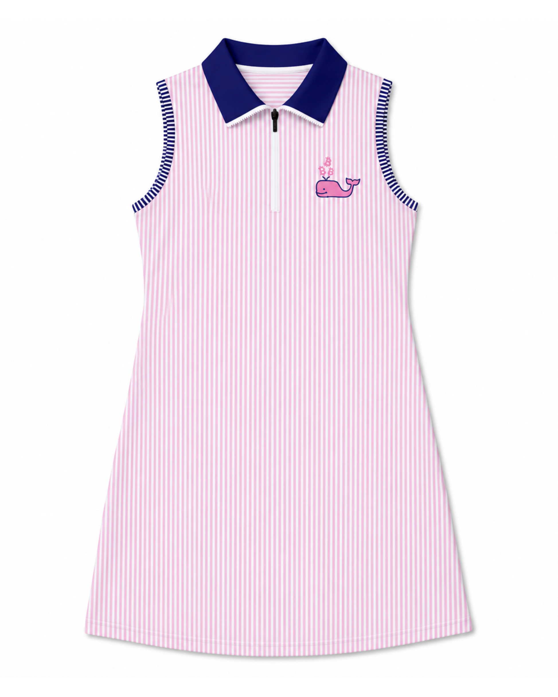 Pink and white striped dress with blue collar and whale logo on a white background
