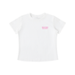 White Bitcoin whale t-shirt with pink text on a white background