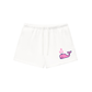 White Bitcoin whale shorts with a pink whale design on a white background